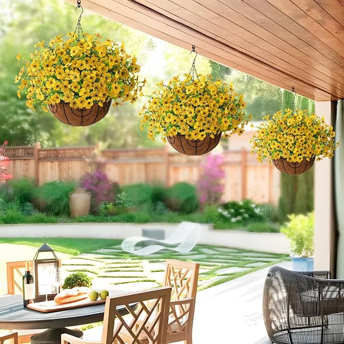 Artificial Faux Hanging Plants Flowers Basket Outdoor Indoor Patio Lawn Garden Spring Decor, Fake Silk Daisy in Basket with 12inch Coconut Lining Chain Palm Flowerpot(Yellow)