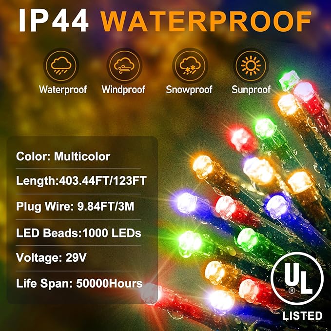 KNONEW 403FT 1000 LED Christmas Lights Outdoor String Lights 8 Modes & Timer Fairy Light Plug in Waterproof LED String Lights for Xmas Yard Tree Wedding Party Holiday Decorations (Multicolor)
