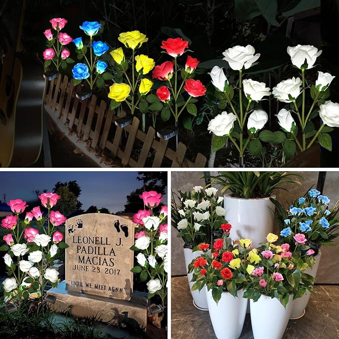 Solar Garden Lights, Solar Outdoor Lights with More Realistic 10 Rose Waterproof Solar Powered Flowers Lights for Outside Patio Yard Pathway Decorations, 2 Pack White