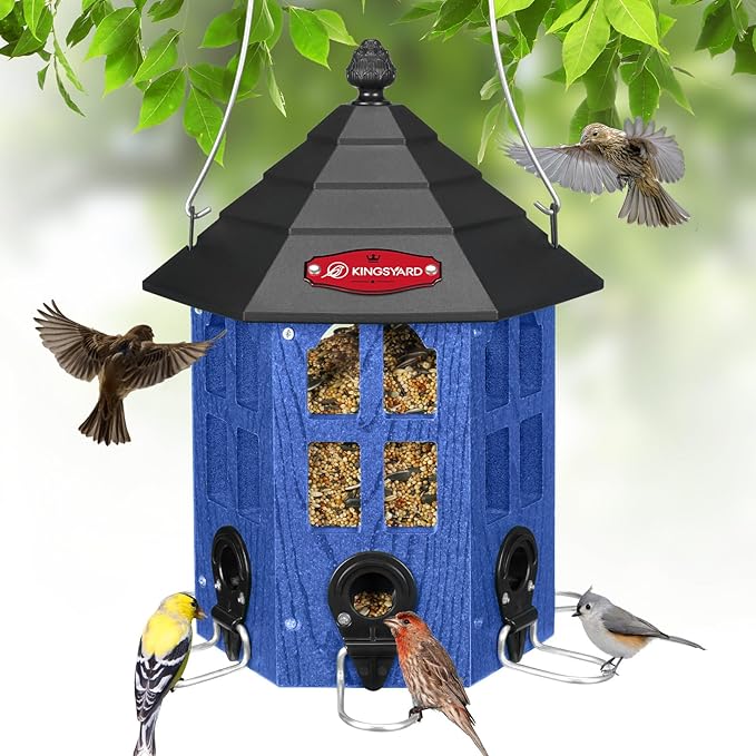 Kingsyard Wild Bird Feeder for Outdoor Hanging, Recycled Plastic Bird Feeders with 6 Ports & U-Shape Perch, Garden Yard Outside Decoration, 3.5 lbs Seed Capacity, Blue