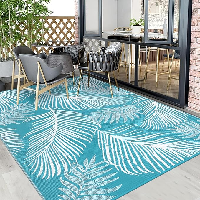 Pauwer Waterproof Outdoor Rug 6x9, Reversible Plastic Straw Patio Camping Rug, Indoor Outdoor RV Mat Carpet for Deck, Camper, Porch, Balcony, Backyard, Picnic, Leaf Teal