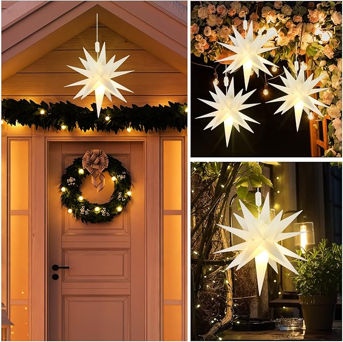 Kingdder 3 Pieces Moravian Star Light LED 3D Star Hanging Light Powered by Battery with Timer Function White Porch Lantern Holiday Decor for Indoor Outdoor Christmas Tree Balcony Courtyard (18 Inch)