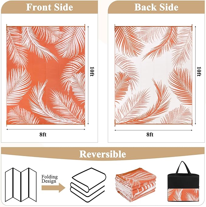 Pauwer Waterproof Outdoor Rug 8x10, Reversible Plastic Straw Patio Camping Rug, Indoor Outdoor RV Mat Carpet for Deck, Camper, Porch, Balcony, Backyard, Picnic, Leaf Orange