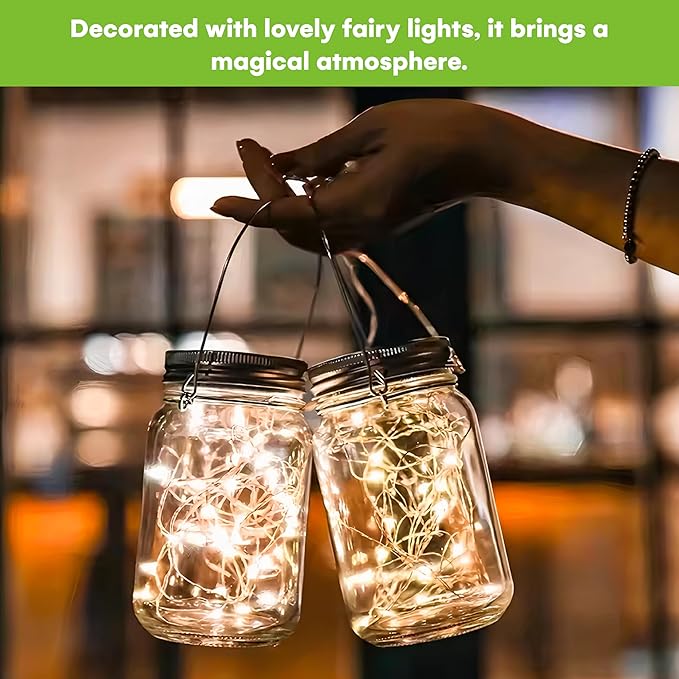SteadyDoggie Solar Mason Jar Lights - Set of 2 Magical Patio Lights in Glass Lanterns - Hang Them Anywhere Outdoors for Enchanting Illumination - Waterproof and Decorative - 5.2" x 3"