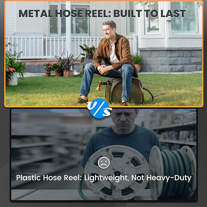 Giraffe Tools SW5-100ft Metal Hose Reel Box, 100 ft Rubber Hose Garden Hose Storage Heavy Duty Reel Hideaway, Crank Handle, 100ft 5/8" Hose, Green