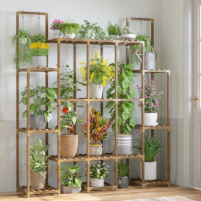 EnHomee Plant Stand Indoor for Multiple Plants with 13 Potted & Double Rod for Hanging Plant Shelf Load-Bearing 570 LBS Wood Plants Shelves 56''W*11.6''D*47''H Transformable