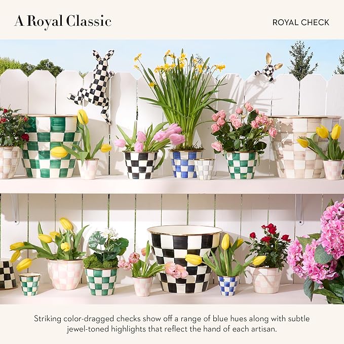 MACKENZIE-CHILDS Enamel Garden Pot, Decorative Pot for Plants, Outdoor Flowerpot Decor, Small, Blue-and-White Royal Check