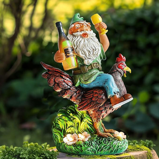 Garden Gnomes Statue Outdoor Decor,Funny Gnome Riding Rooster Sculptures Art Decor, Ideal Decoration for Yard Balcony Patio Lawn Home House - Birthday Gifts