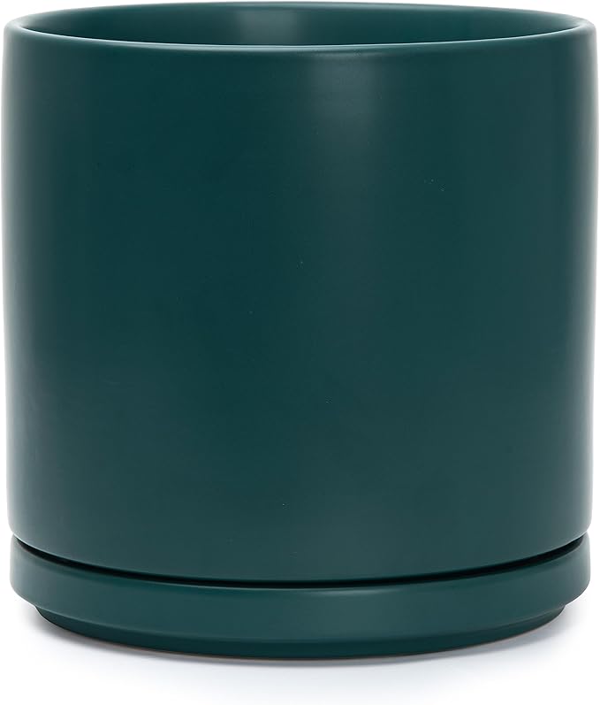 D'vine Dev 10 Inch Ceramic Planter Pot with Drainage Hole and Saucer, Indoor Cylinder Round Planter Pot, Teal, 94-O-E-9
