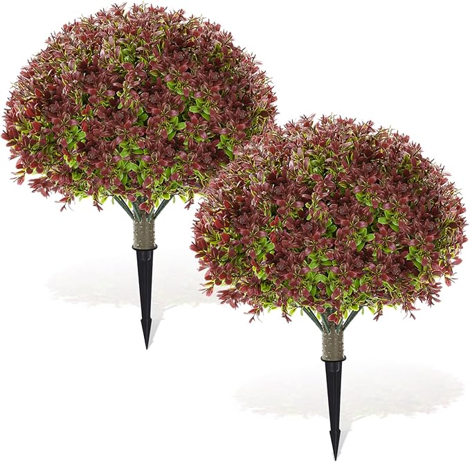 Yunlly 2 Pack 18" Artificial Boxwood Ball Bush Topiary Trees Fake Outdoor Plants, Realistic UV Resistance Faux Shrubs with Spike Greenery Topiary for Front Porch Garden Yard Patio Indoor (Dark Red)
