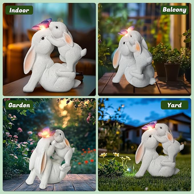 Easter Bunny Figurines Solar Garden Outdoor Statue with Butterfly Decorations Lights Easter Bunnies Decor Gifts for Women Mom Rabbit Statue for Outside Yard Patio Garden Lawn Ornament