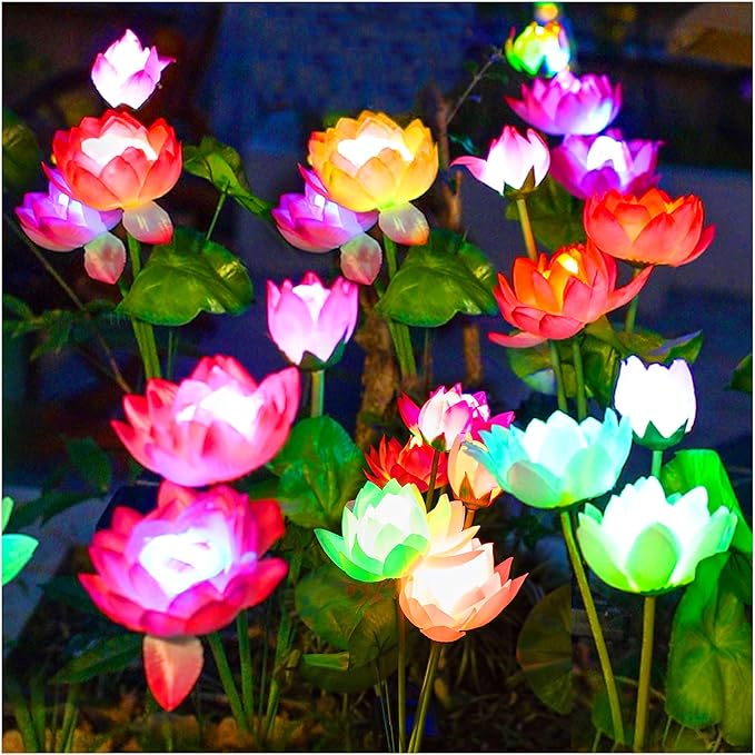 Solar Garden Lights - Solar Flower Lights, 7-Color Changing Lotus Lights for Yard, Garden Decoration, Bigger Solar Panel & Realistic Lotus Flowers (2 Pack)