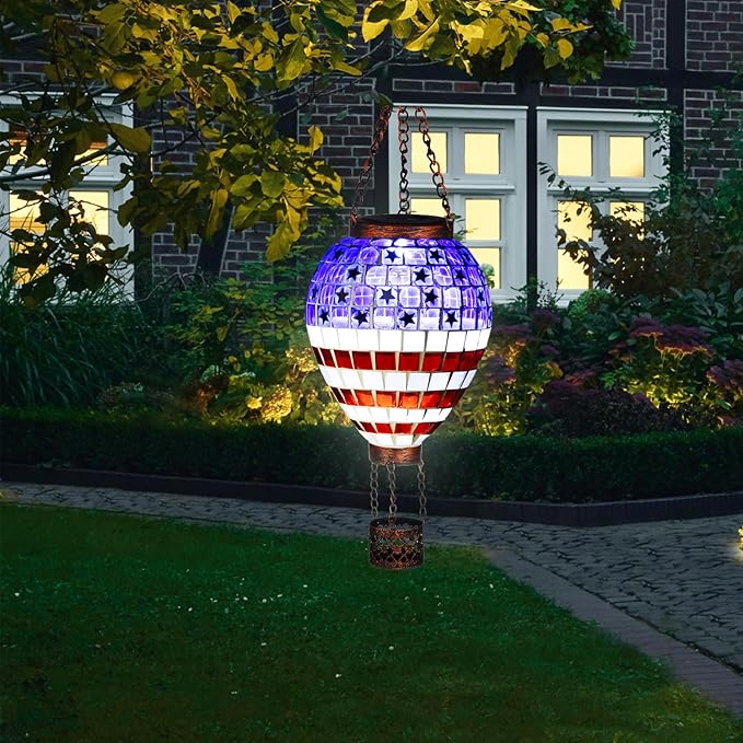 VOREEN American Flag Hot Air Balloon Solar Lantern, Mosaic Solar Outdoor Hanging Wind Light, IP44 Waterproof, Patio Festive Decor, Patriotic Theme, Easter Gifts for Mom Grandma