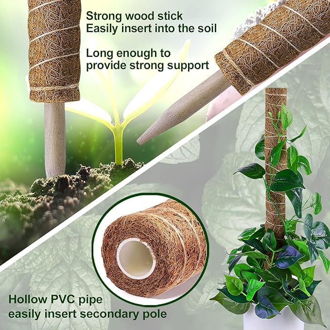 Moss Pole 47.5 Inch - Monstera Plant Support, 4 Packs 16 Inch Plant Stakes for Indoor Plants Coco Coir Moss Pole Sticks for Climbing Potted Live Plants, Pothos, Philodendron, with Garden Ties