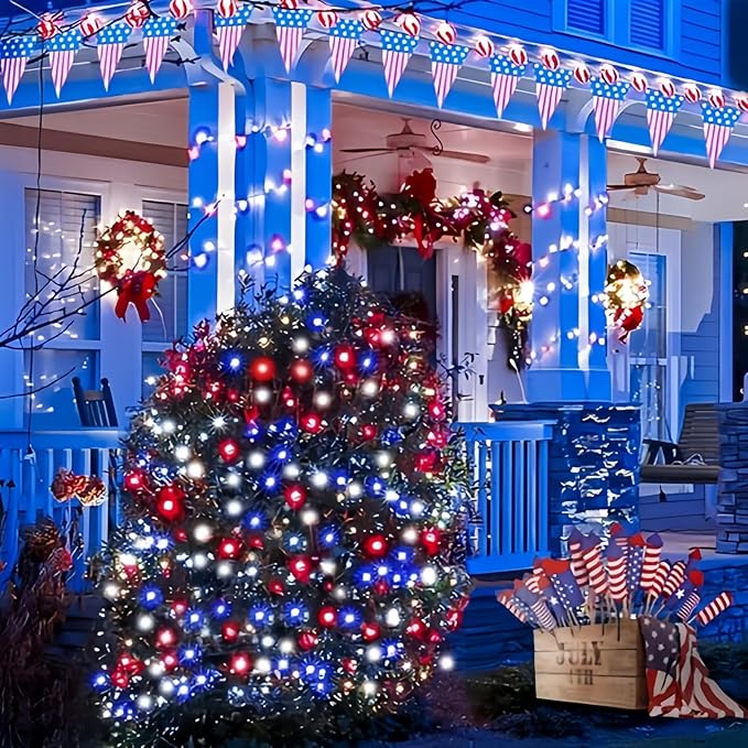 EEW 2pk Red White and Blue Solar String Lights Outdoor Waterproof, Solar Powered LED Patriotic Lights 200 LED, Solar Tree Lights for Independence Day Decor 4th of July Memorial Day Decorations