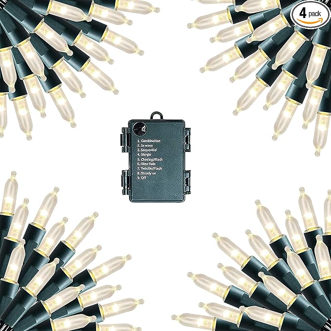 Dazzle Bright 4 Pack Warm White Christmas Mini String Lights, Total 200LED 64FT Batter Operated Waterproof Fairy Lights with 8 Modes for Xmas Indoor Outdoor Yard Garden Holiday Wedding Decorations