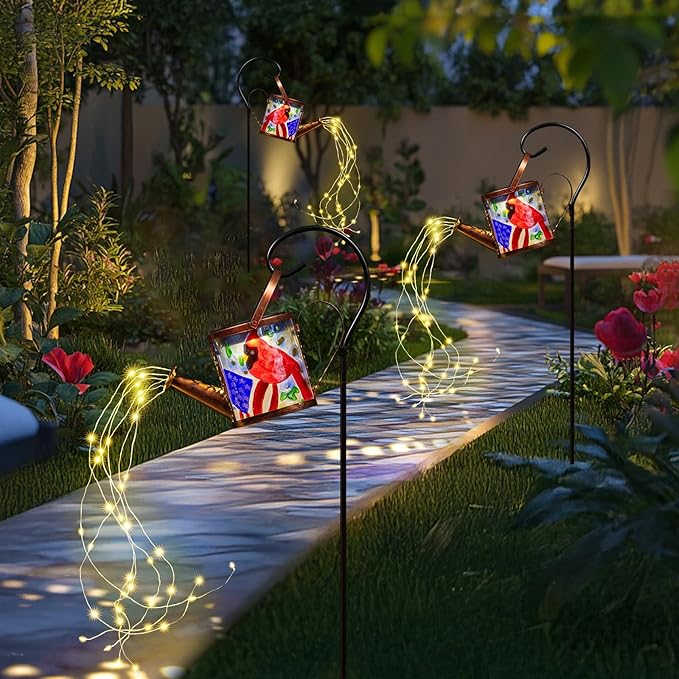 Larekook Solar Outdoor Watering Can Lights Decorative Path Lights, Metal Glass Solar Garden Light Outdoor Waterfall Decor Ornament for Yard Lighting Outside Flag