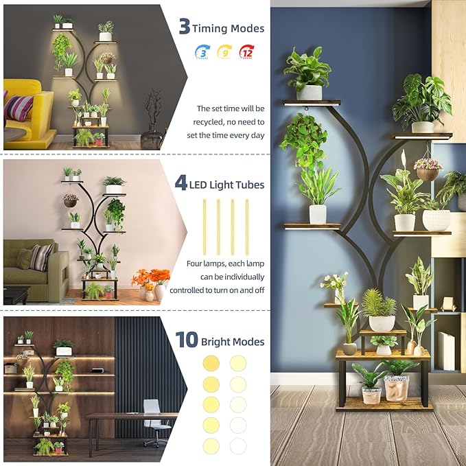 Plant Stand with Grow Lights, 9 Tiered Indoor Plant Shelf, 65” Tall Plant Holder for Indoor Plants Multiple, S-Shaped Metal Corner Plant Rack with Hanger for Home, Patio