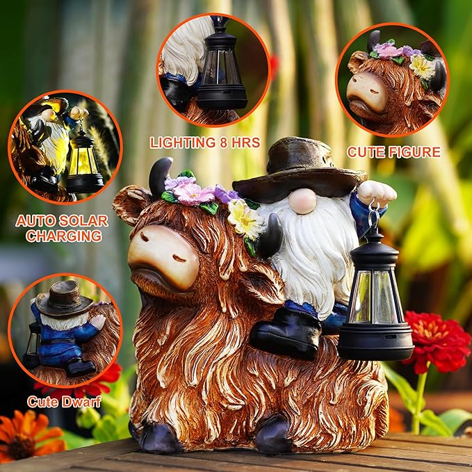 Solar Highland Cow Gnome Garden Decorative Statue - Detachable Lantern - Outdoor Fun Decoration, Suitable for Patio, Back Porch, Table Ornaments, Unique Housewarming, Birthday Gifts for Women, Mom