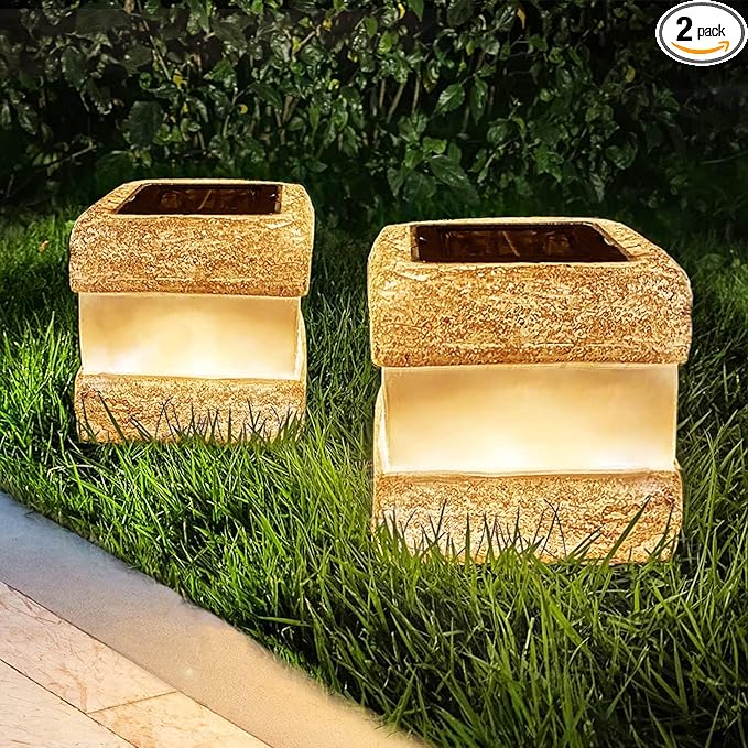 2 Pack Solar Rock Lights Outdoor - Solar Garden Decor Landscape Pathway Lights Waterproof with Warm LED Lights for Table Patio Yard Garden Walkway Decor(Brown)