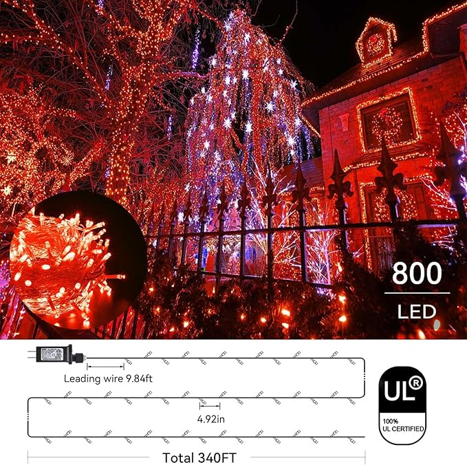 Orange Halloween Lights, 800LED 330FT Orange String Lights 8 Modes Timer Plug in Waterproof Indoor Outdoor Orange Christmas Lights for Halloween Christmas Garden Party Decoration