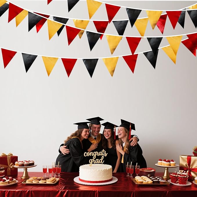 Red Black Gold Party Decorations Metallic Fabric Triangle Pennant Banner Flag Bunting Garland for Graduation Birthday Anniversary Pirate Poker Casino Las Vegas Christmas Holiday Party Supplies