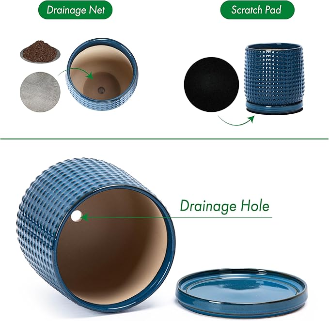 D'vine Dev 6 Inch Ceramic Beaded Stoneware Planter Pot - Flower Pot with Drainage Holes and Saucers for Indoor Succulent Plants or Flowers, Midnight Blue, 27-C-X-3