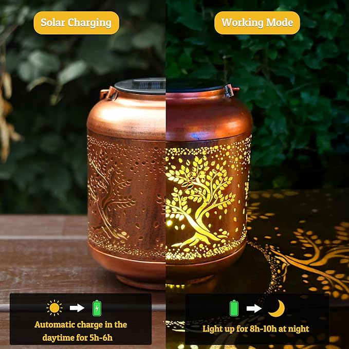 Solar Lanterns Outdoor, Waterproof Hanging Solar Lantern Garden Decor, Solar Lights for Backyard Porch Patio Table Yard Balcony Lawn Pathway, Tree of Life Gifts for Women Grandma Mom