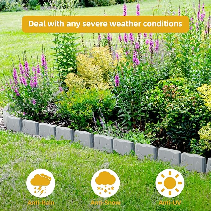 16 Pack(24FT) Landscape Edging w/ 48 Spikes | Flexible Plastic Border for Outdoor, Walkway, Lawn & Weed Control | 24" L x 3" H Faux Stone Edging for Landscaping,Garden Edging Border Stone(Gray) ﻿﻿