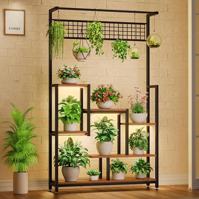 Tall Plant Stand Indoor with Grow Lights, 6 Tiered Metal Plant Stand for Indoor Plants Multiple, Large Plant Shelf Display Rack, Square Flower Plant Holder for Living Room, Patio (Black)