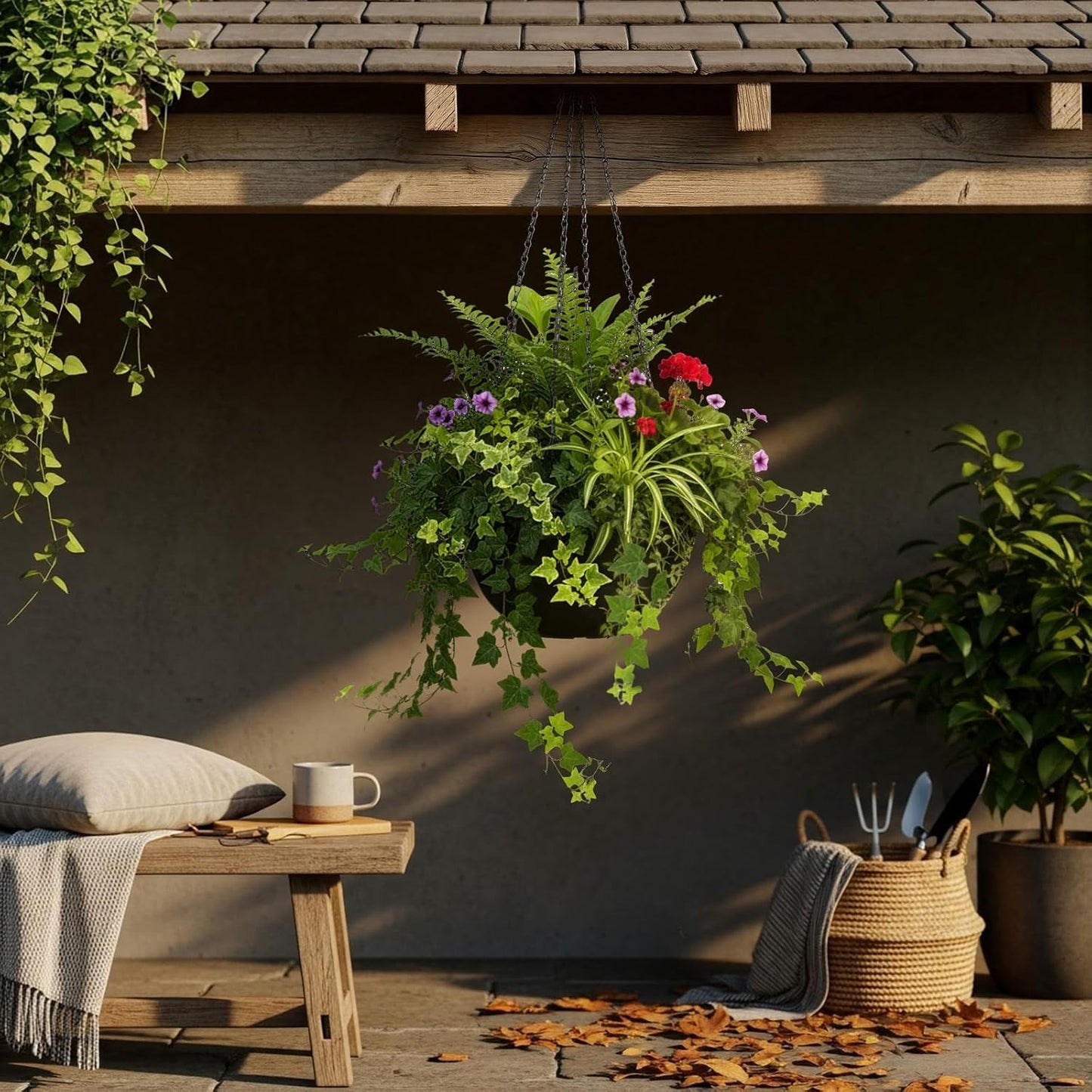 10 Inch Recycled Based Composite Hanging Planters for Indoor Outdoor Plants with Drainage Holes and Chain Round Hanging Flower Pot Planter for Garden Home Porch Decor, Black