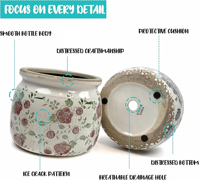 Vintage Red Ceramic Ice Crack Flower Pot with Drainage Holes, Country Rustic Planters for Indoor and Outdoor,Tuscan Decor,Home,Living Room, Garden Decor, Gardening Gift