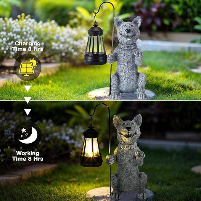 lightsfever Dog Statue with Solar Lantern, Outdoor Statues for Home Garden Balcony Decor, Solar-Powered LED Lights for Outdoor Patio Yard Lawn Decorations, Unique Gifts for Men, Moms, Grandma