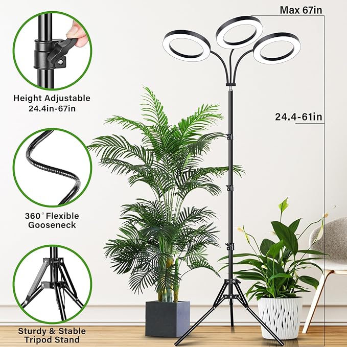 LORDEM Grow Light for Indoor Plants, 7.9" Diameter Tri-Head Plant Light for Plants Growing, Full Spectrum Growth Lamp with Auto Timer 3/6/12H, 4 Dimmable Levels, 3 Lighting Modes, Adjustable Stand