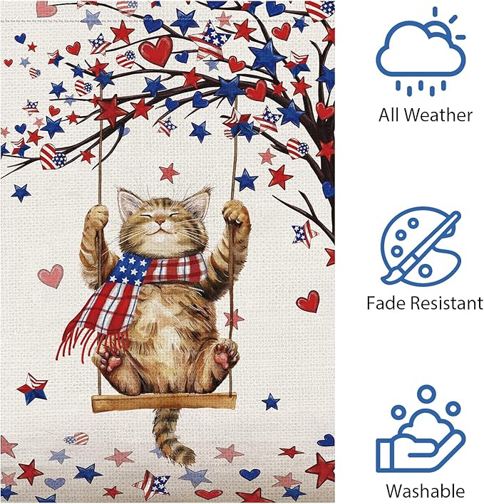 Heyfibro 4th Of July Patriotic Cute Cat Garden Flag 12x18 Double Sided Burlap, Heart Star Tree Pattern USA Flags Retro Yard Banner for Rustic Independence Day Outdoor Decor (ONLY FLAG)