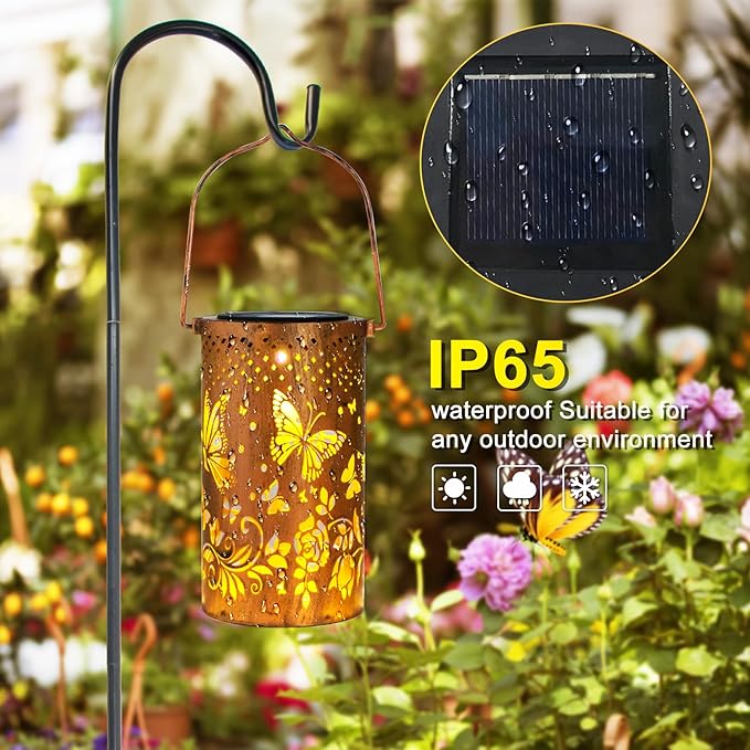 Mothers Day Gifts, 4 Packs Solar Lanterns Outdoor Hanging Lantern Lights, 4 Butterflies Hollowed-Out Metal Decor Lantern, Waterproof LED Decorative Garden Light Gifts