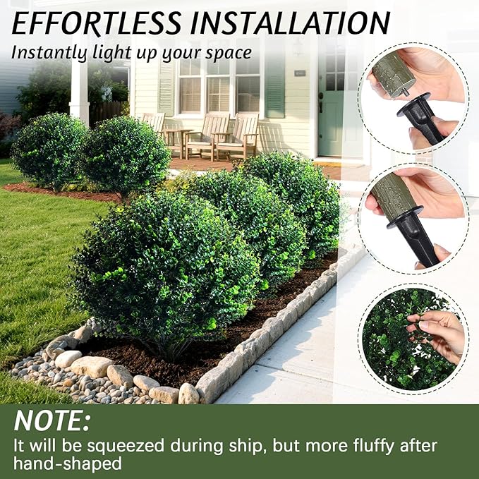 Yunlly 2 Pcs 18 Inch Artificial Boxwood Ball Topiary Tree Fake Outdoor Plants Bush, UV Resistance Faux Shrubs with Spike Realistic Greenery Potted for Indoor Garden Yard Porch Patio Decor (Dark Green)