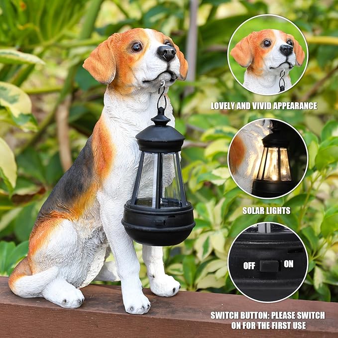 Garden Dog Statues Outdoor Decor, Solar Lights Outdoor Beagle Dog Statue Garden Decorations Solar Dog Ornaments for Patio, Lawn, Yard Art Decoration, Housewarming Garden Gift