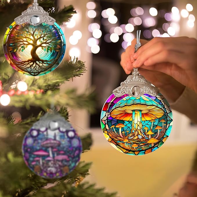 Stained Glass Suncatcher, Jocidea Mushroom Ornament, Christmas Ornaments, Holidays Ornaments, Christmas Tree Decor, Mushroom Decor for Home, Mushroom Gifts