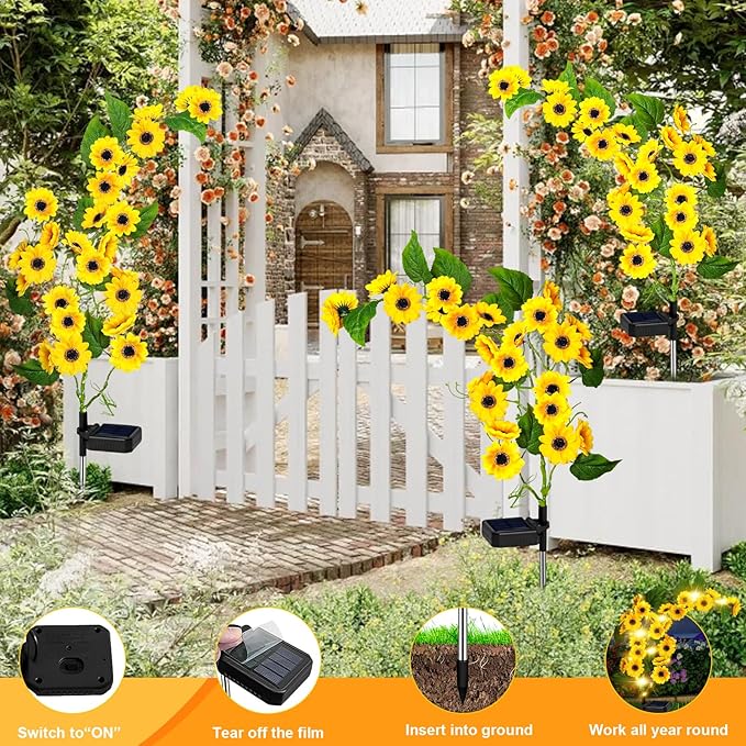 Solar Garden Lights Outdoor, 2 Pack New Sunflower Light for Outside, Solar Willow Vine Light with 46 LED Sunflowers, Waterproof Decor for Yard, Patio, Pathway, Gardening Gifts (4Pack Sunflower)