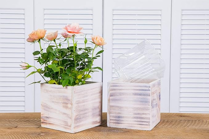 Wooden Planter Box, Rustic Barn Whitewash with Plastic Liner l Garden Decor l Restaurant and Wedding Decorations l Wedding Bouquets, Table Centerpiece (6x6 Set of 2, Whitewash)