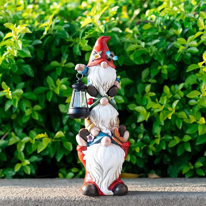 Garden Gnome Statue with Solar Lights Large Garden Sculptures Funny Triple Gnome Outdoor Patio Lawn Yard Garden Decor Gifts for Women Mom 12 in Spring Gnomes Outdoor