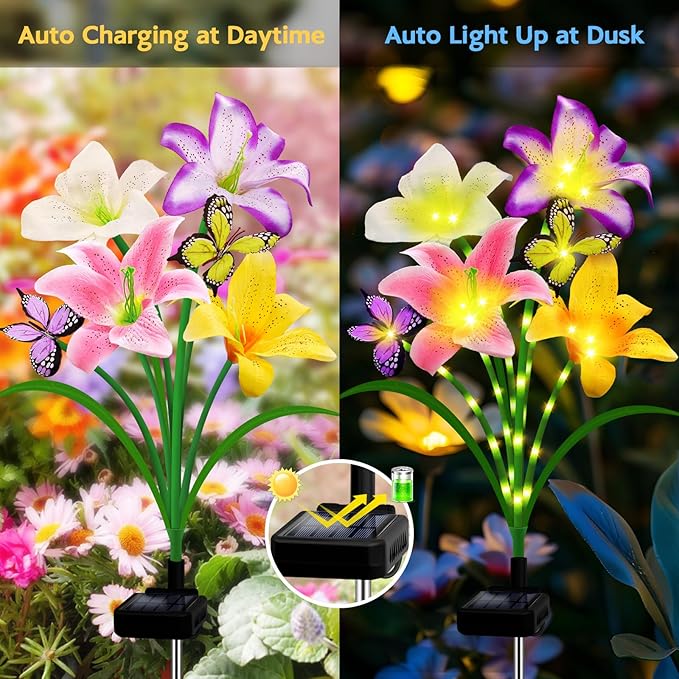 Solar Garden Lights 4 Pack 16 Lily Flowers with Butterfly Decor, Waterproof Solar Flower Lights for Outdoor - Upgraded Decorative Lilies for Yard, Patio, Pathway Decorations & Gardening Gifts