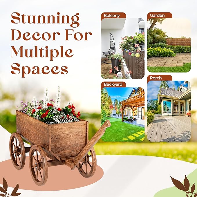 Wood Wagon Planter for Outdoor Balcony Decor - Garden Rustic Wooden Flower Cart with Wheels for Outside - Garden Decor - Amish Decorative Indoor - Wheelbarrow Planter for Patio