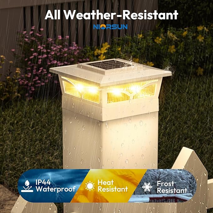 NIORSUN Solar Post Cap Lights Outdoor, 2 Modes LED, Deck Fence Post Solar Lights for 3.5x3.5 4x4 5x5 Caps Patio Garden Decoration, Warm White/Cool White Lighting White 4 Pack
