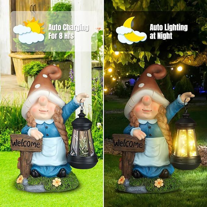 Solar Large Gnome Garden Statue with Welcome Sign Outdoor Decor with LED Lantern Funy for Porch Yard Patio Lawn Ornament Christmas Housewarming Gardening Gift