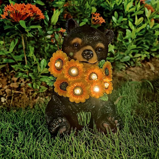 Solar Garden Lights Outdoor Statues Black Bear with Sunflowers, LED Lighted Garden Decor Waterproof Figurines for Patio Porch Balcony Yard Lawn Lantern, Unique Garden Statues for Housewarming Gifts