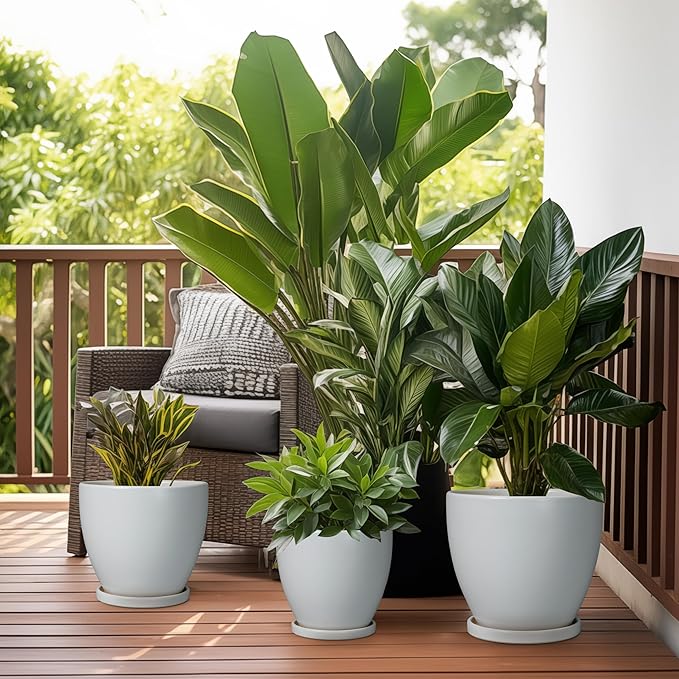10 Inch Planter - Ceramic Pots for Plants, Planters with Drainage Hole and Tray, Modern Flower Pots Indoor, Home Living Room Patio Porch Garden Office Decor, Gray