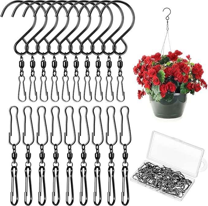 Jetec Wind Spinner Swivel Hooks 360 Degree Dual Spinning Windsock Chime Supplies Hanger Swivels Clip Hanging Hooks with Storage Box for Wind Spinners Supply, 2 Styles (Black,30 Pieces)