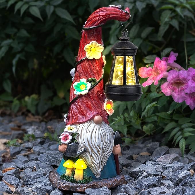 Solar Garden Statue Gnomes Figurine Lights, Dwarf Gardener with Long Hat Hanging Lantern, Outdoor Yard Decorations for Patio Porch Home, Garden Gifts for Women Mum
